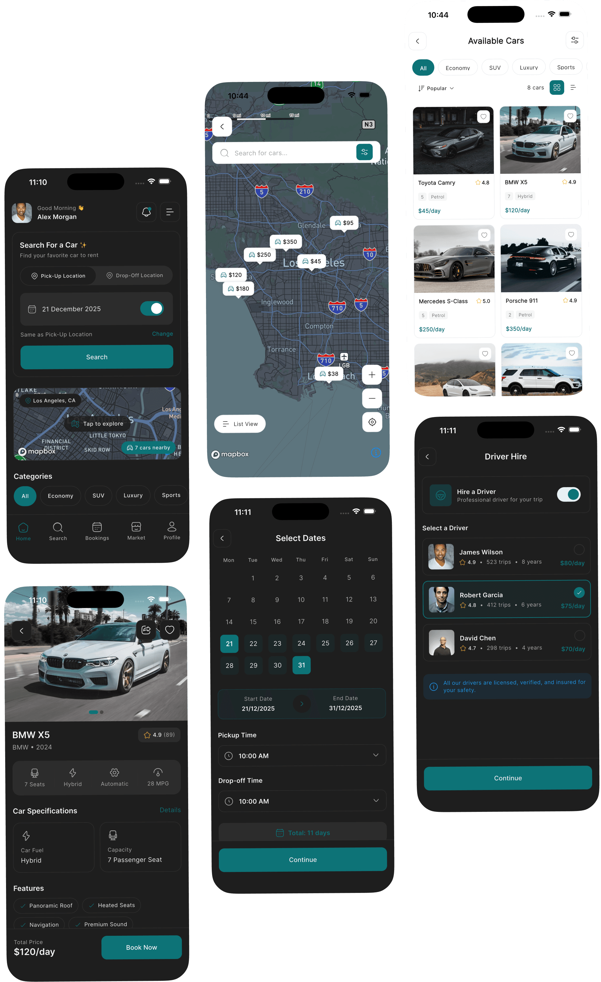 CarZone Flutter car rental UI kit showing vehicle browsing, map view, booking flow, and marketplace interfaces