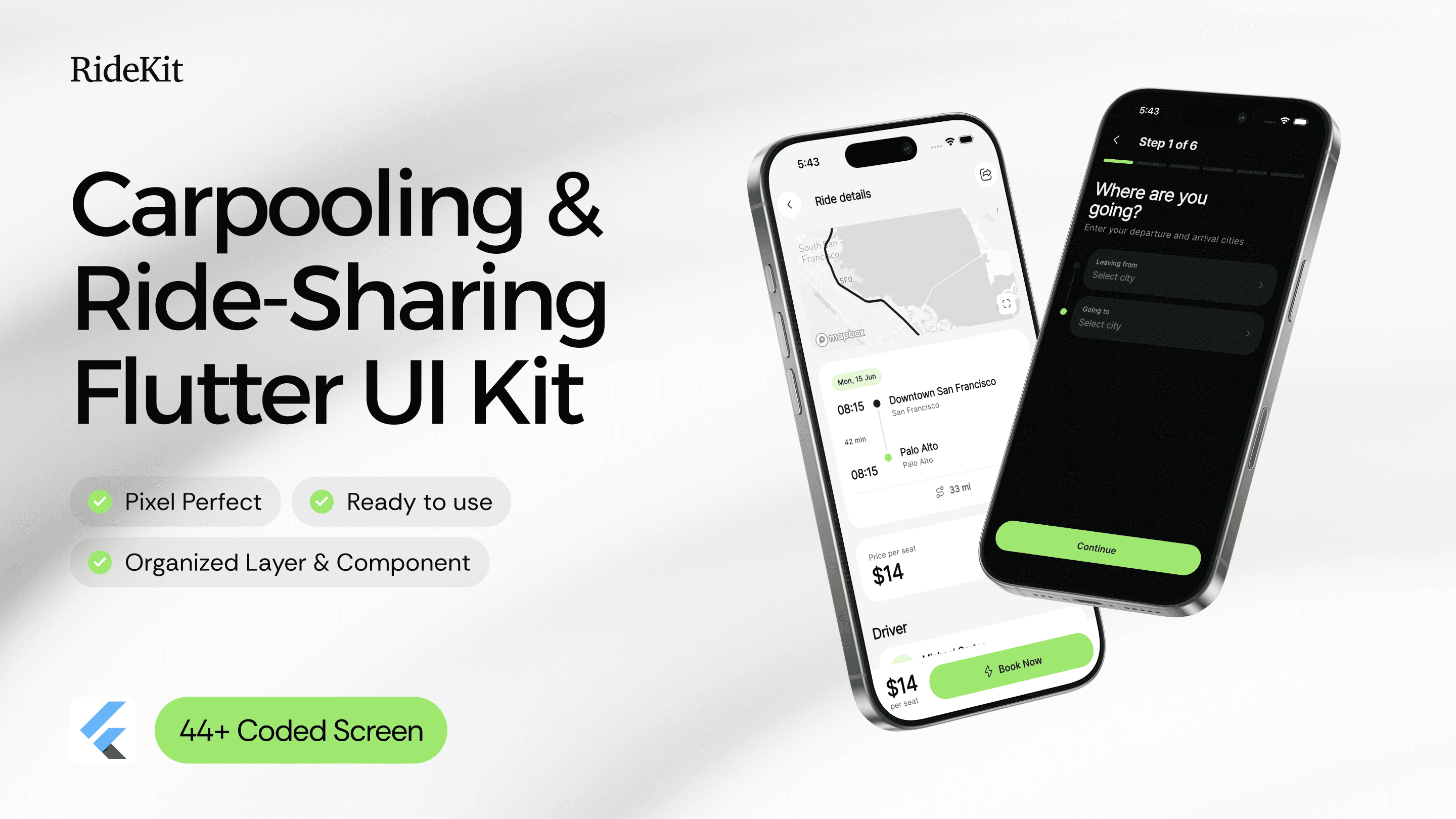 RideKit: Flutter Carpooling & Ride-Sharing UI Kit | 40+ Screens with Mapbox