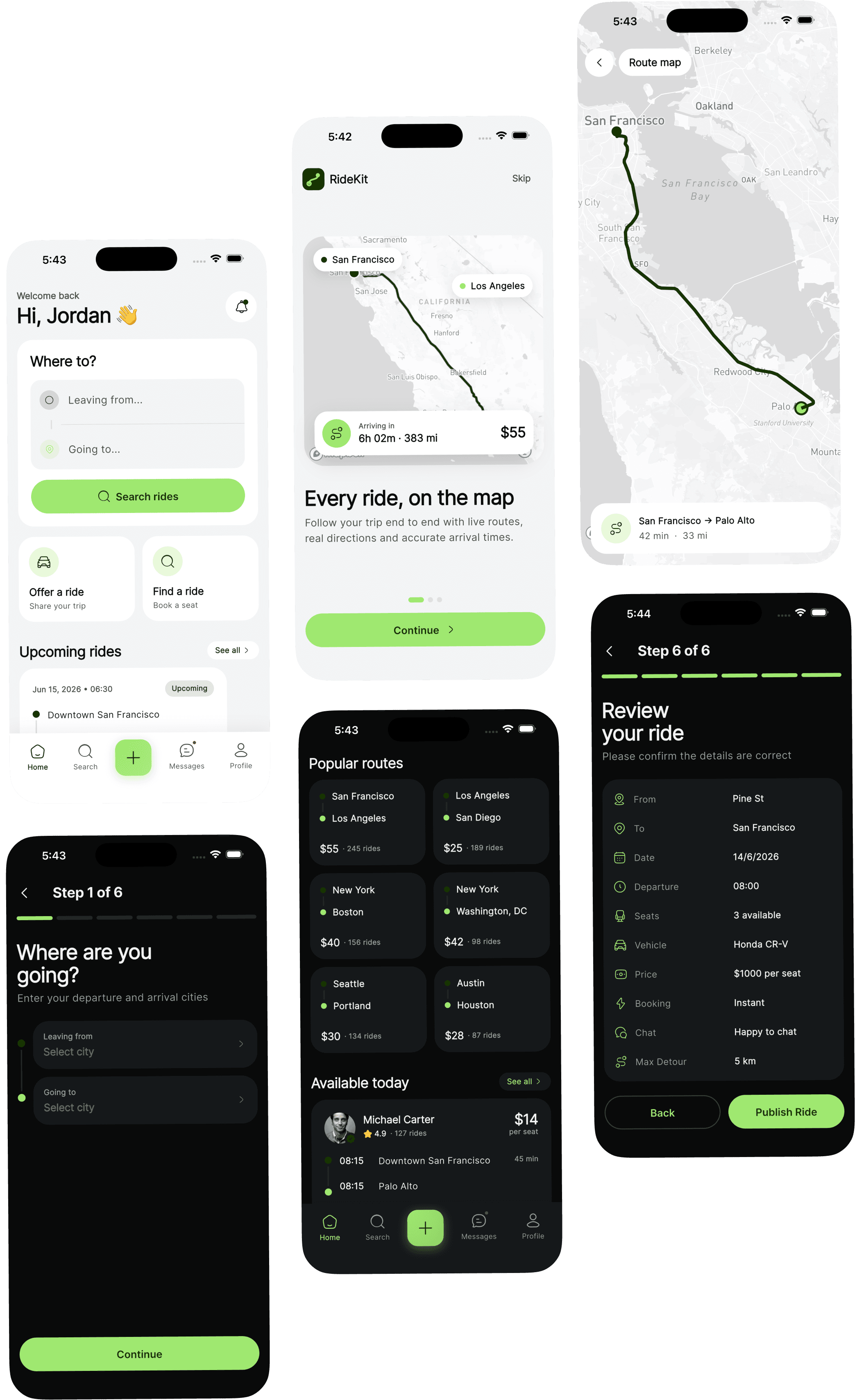 RideKit Flutter carpooling & ride-sharing UI kit showing ride search, ride detail with map, booking flow, publish ride, chat, and driver profile interfaces