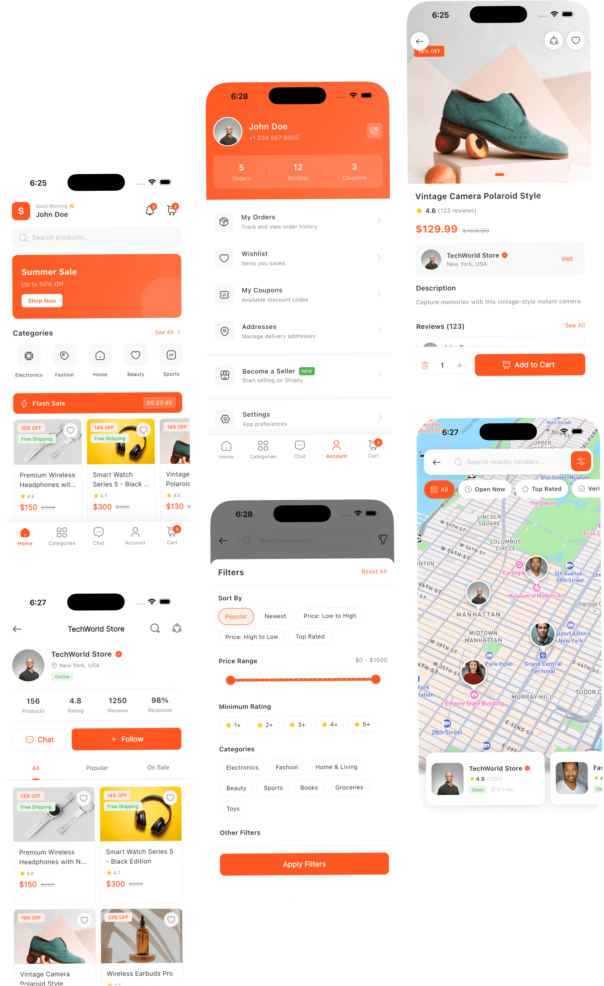 Shoply Flutter e-commerce UI kit showing product browsing, shopping cart, checkout flow, and order tracking interfaces