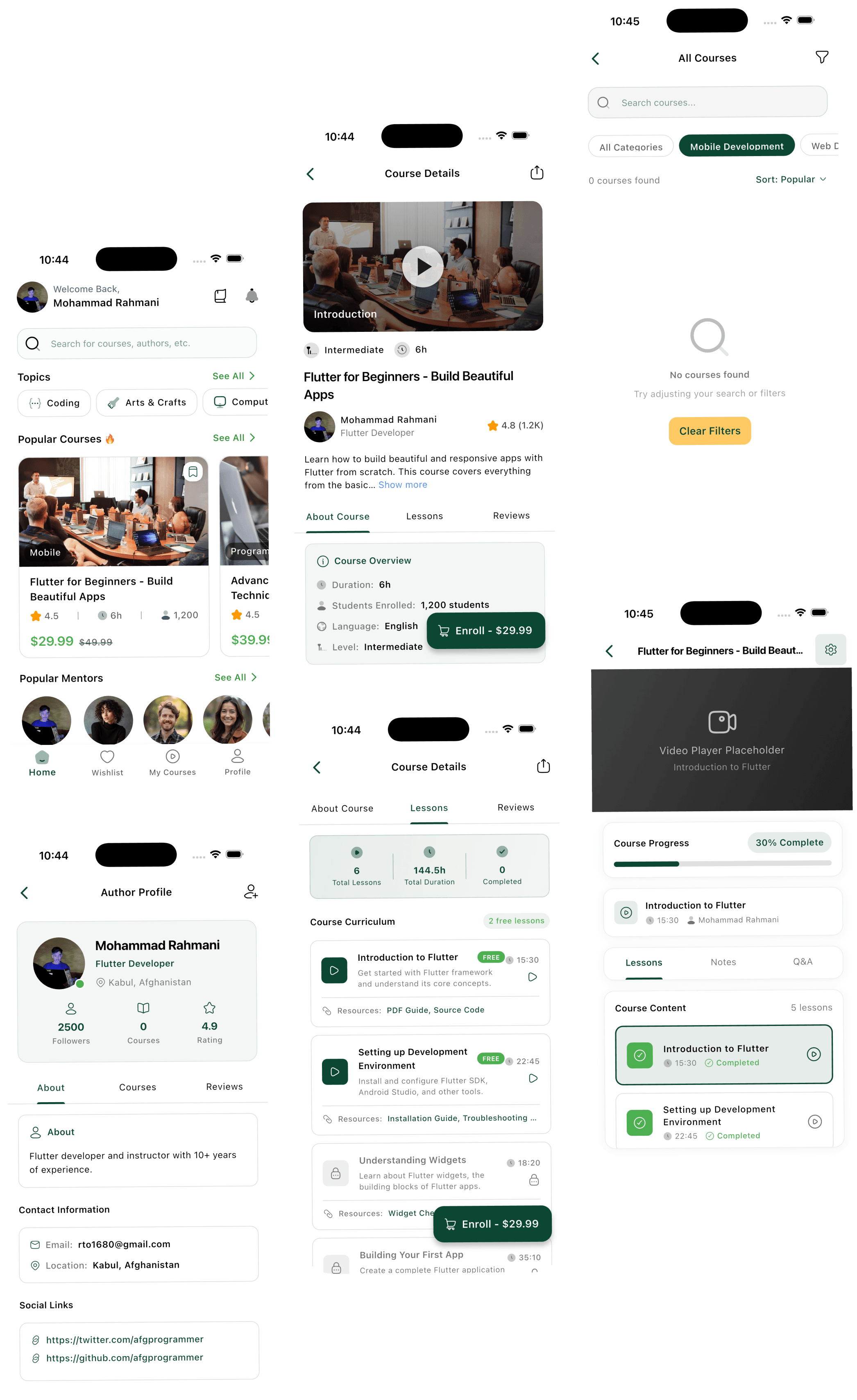 SkillUp Flutter e-learning UI kit showing course management, learning dashboard, social features, achievements, and educational platform interfaces
