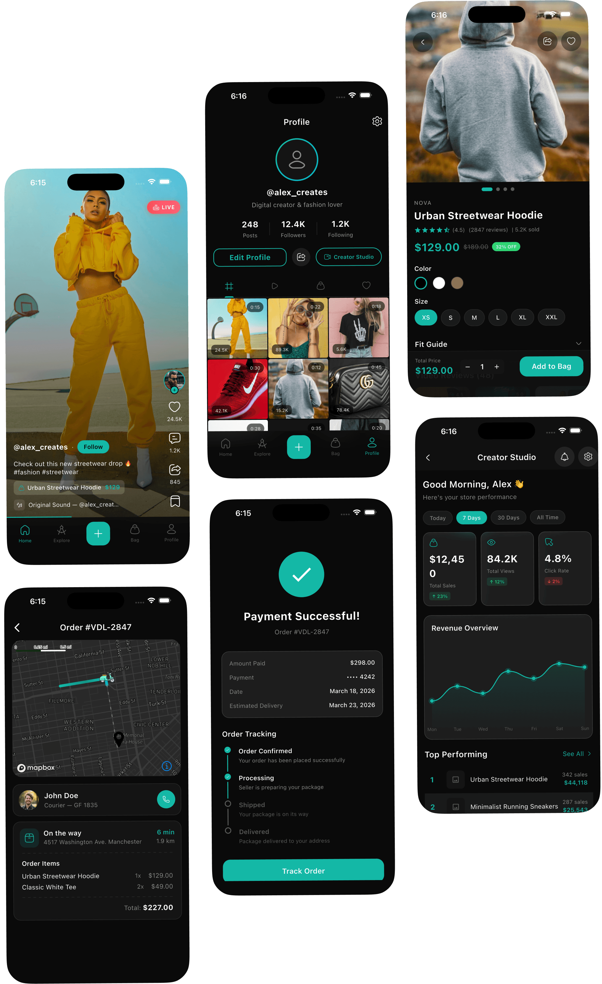 Vidly Flutter social commerce UI kit showing TikTok-style video feed, live streaming, creator studio, product detail, and shopping checkout interfaces